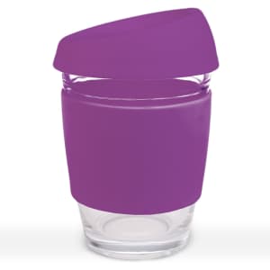 A reusable coffee cup featuring a transparent design with a purple silicone sleeve and matching lid.