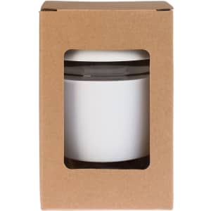 A reusable coffee cup in a white color with a silicone lid, packaged in a brown cardboard box.