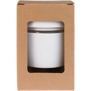 A reusable coffee cup with a flip lid is presented in a brown cardboard box, featuring a clear window for visibility.
