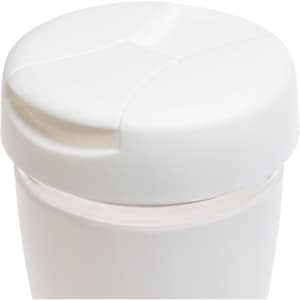 A reusable coffee cup with a flip lid, featuring a white color and a smooth design, includes a logo.