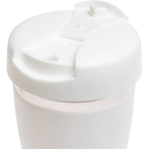 A white reusable coffee cup with a flip lid, designed for drinkware use. It features a simple, functional design.