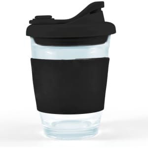 A reusable coffee cup with a clear body and a black snap lid and sleeve for grip.