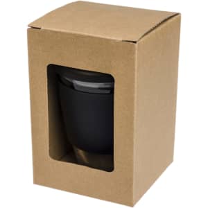 A reusable coffee cup in black, packaged in a brown cardboard box with a clear window. It includes a snap lid.