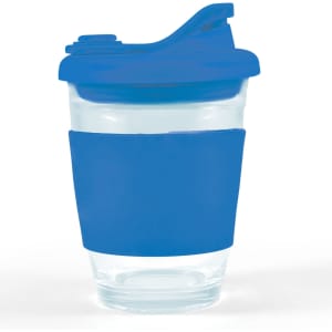 A reusable coffee cup with a transparent body, featuring a blue silicone sleeve and a snap lid.