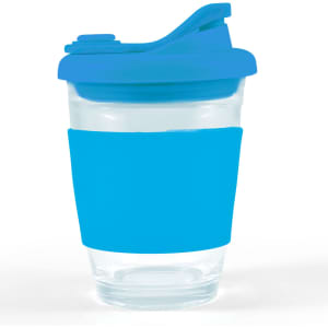 A reusable coffee cup with a transparent body and a vibrant blue snap lid and sleeve.