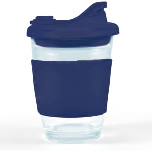 A reusable coffee cup with a transparent body and a dark blue silicone sleeve and lid.