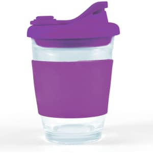 A reusable coffee cup featuring a clear body with a purple silicone sleeve and snap lid.