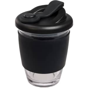 A reusable coffee cup with a black snap lid and a silicone sleeve for grip. The cup features a clear glass body.