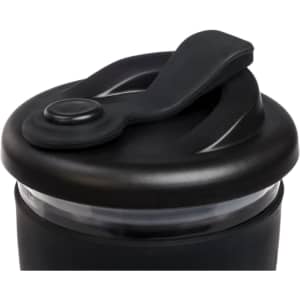 A reusable coffee cup with a snap lid in a dark color, featuring a black exterior and clear upper section.