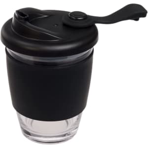 A reusable coffee cup with a transparent glass body and a black silicone sleeve and lid.