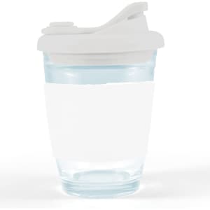 A reusable coffee cup with a clear body and a white snap lid. The cup features a blank white sleeve for customization.