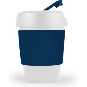 A reusable coffee cup in white with a dark blue silicone band and a matching blue lid. It features a logo.