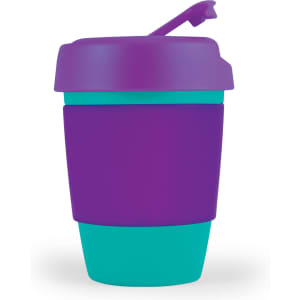 A reusable coffee cup with a purple lid and silicone band, featuring a turquoise base. Includes a logo.