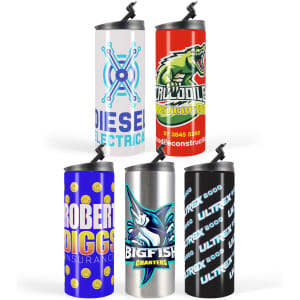 A collection of five reusable coffee cups in various colours, featuring different logos and designs.