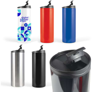 A collection of reusable coffee cups in red, blue, black, stainless steel, and one with a graphic design. Each features a lid.