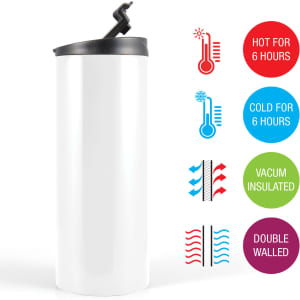 A drink bottle featuring a sleek white design, with a black lid and vacuum insulation for maintaining temperature.