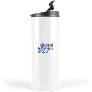 A travel mug in white with a black lid, featuring a logo on the front.