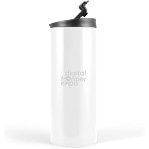 A travel mug in white with a black lid and a logo on the surface.
