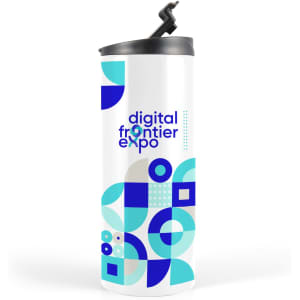 A travel mug in white featuring a geometric design in blue and teal, with a black lid and a logo.