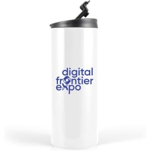 A travel mug in white with a black lid and a logo on the front.