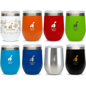 A collection of reusable coffee cups in various colours, including orange, green, blue, and black, with a logo on each.