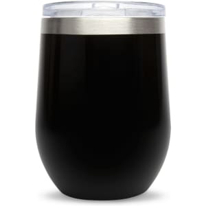 A reusable coffee cup in a sleek black finish with a clear lid and silver band.