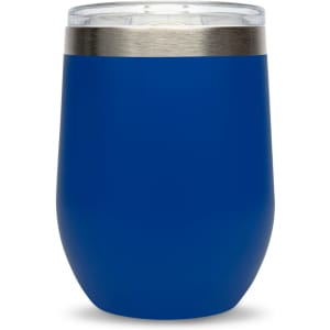 A reusable coffee cup in a vibrant blue finish with a stainless steel rim and a clear lid.
