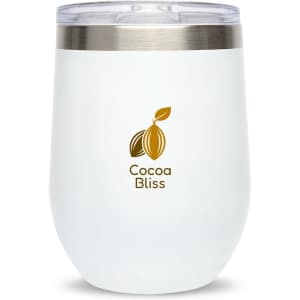 A reusable coffee cup in white with a silver lid, featuring the logo "Cocoa Bliss."