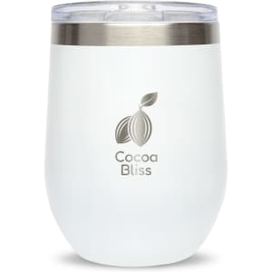 A reusable white coffee cup with a stainless steel lid and a logo on the front.
