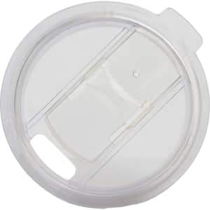 A coffee cup lid, clear and designed to fit a reusable coffee cup, featuring a sliding opening for sipping.