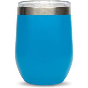 A reusable coffee cup in a vibrant blue color with a stainless steel band around the top and a clear lid.
