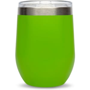 A reusable coffee cup in vibrant green with a clear lid and stainless steel rim, designed for hot or cold beverages.