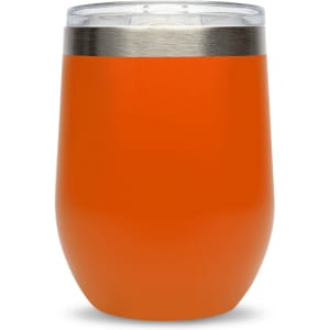 A reusable coffee cup with an orange exterior and a stainless steel band around the top, featuring a clear lid.