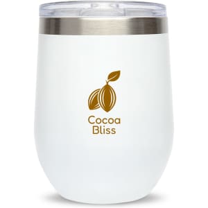 A reusable coffee cup featuring a sleek white design with a stainless steel lid and a logo that reads "Cocoa Bliss."
