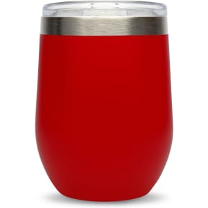 A reusable coffee cup in a vibrant red color with a stainless steel rim and a clear lid.