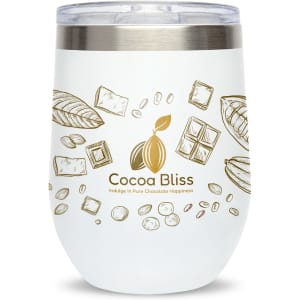 A reusable coffee cup in white with a silver lid, featuring a logo and chocolate-themed illustrations.