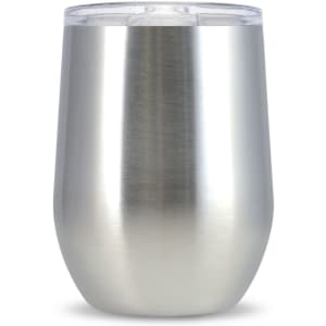 A reusable coffee cup with a sleek, stainless steel design and a clear lid.