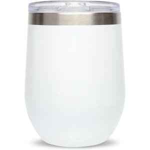 A reusable coffee cup in white with a stainless steel rim and a clear lid, featuring a smooth surface and rounded design.