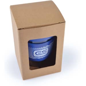 A drink cup with a blue silicone band, packaged in a brown box with a transparent window and a logo.