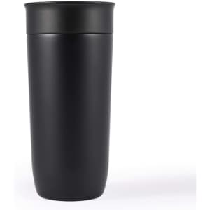 A stainless steel coffee cup with a sleek black finish and a matching lid, designed for reusable drinkware.