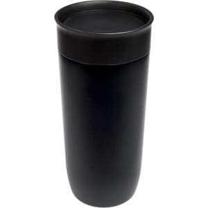 A stainless steel coffee cup in a sleek black design, featuring a tight-fitting lid.