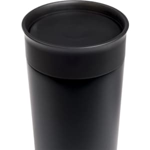 A black stainless steel coffee cup with a smooth, rounded lid and a sleek design. It features a logo.