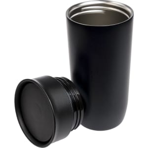 A stainless steel coffee cup with a black exterior, accompanied by a matching lid.