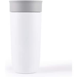 A stainless steel coffee cup with a sleek white body and a grey lid.