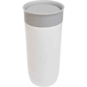 A stainless steel coffee cup in white with a gray lid, featuring a smooth, sleek design and a logo.