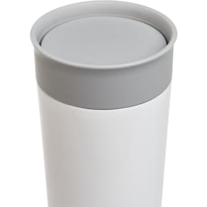 A stainless steel coffee cup with a sleek design and a grey lid.