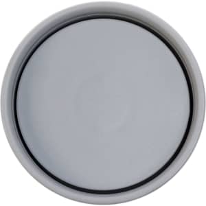 A stainless steel coffee cup in a silver color, featuring a smooth, round top with a rim. It has a logo on the side.