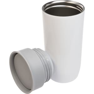 A stainless steel coffee cup with a white exterior and a gray lid, designed for reusable drinkware.