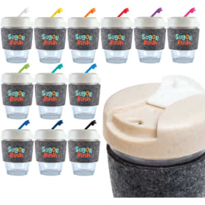A reusable coffee cup made from RPET, featuring a grey band and various coloured straws. Includes branding on the cup.