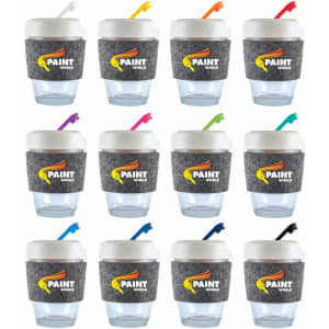A collection of reusable coffee cups in various colors with a textured band and a lid, featuring a logo.